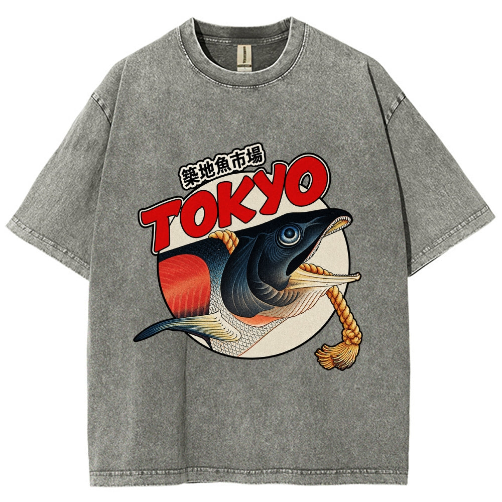 Unisex Tsukiji Fish Market Printed Washed Tee