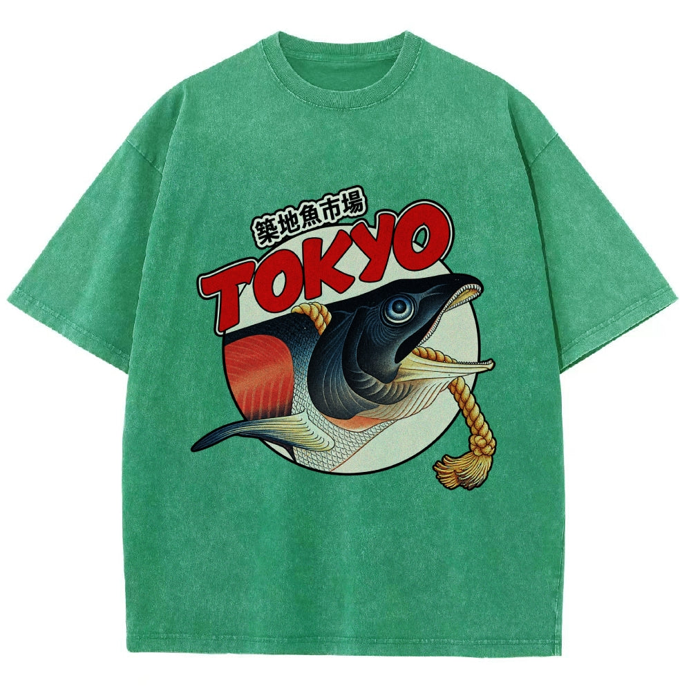 Unisex Tsukiji Fish Market Printed Washed Tee