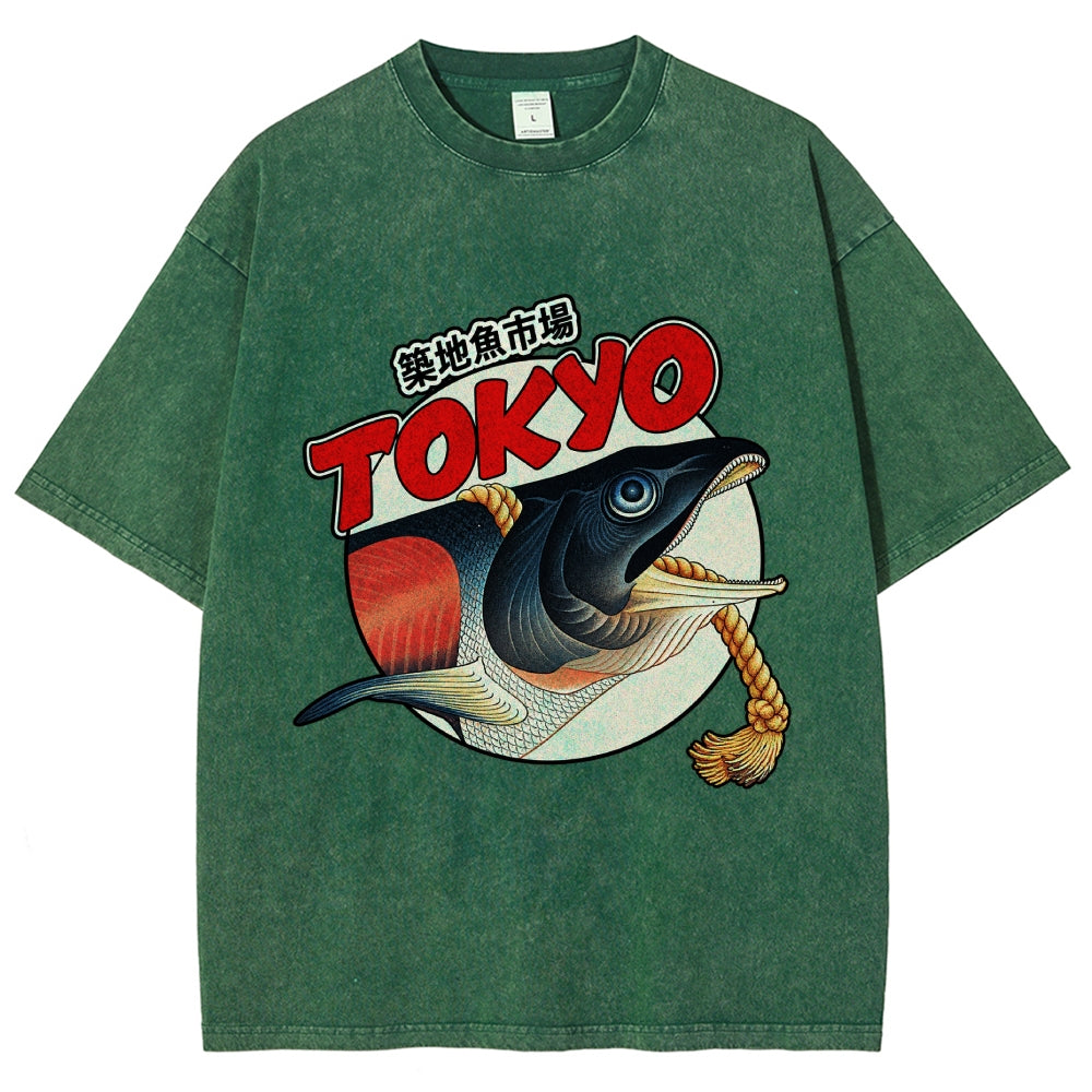 Unisex Tsukiji Fish Market Printed Washed Tee