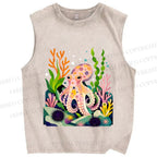 Unisex Octopus in Ocean Printed Washed Tank Top