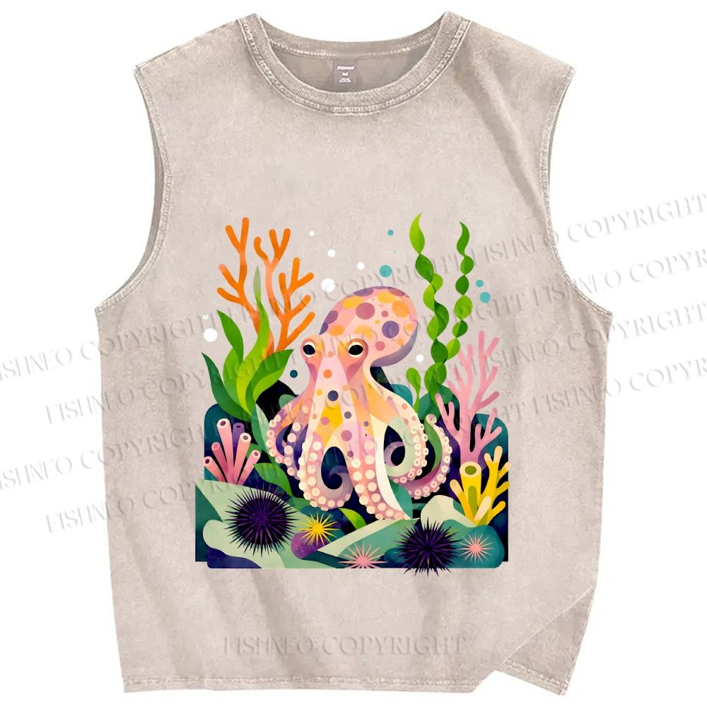 Unisex Octopus in Ocean Printed Washed Tank Top