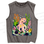 Unisex Octopus in Ocean Printed Washed Tank Top