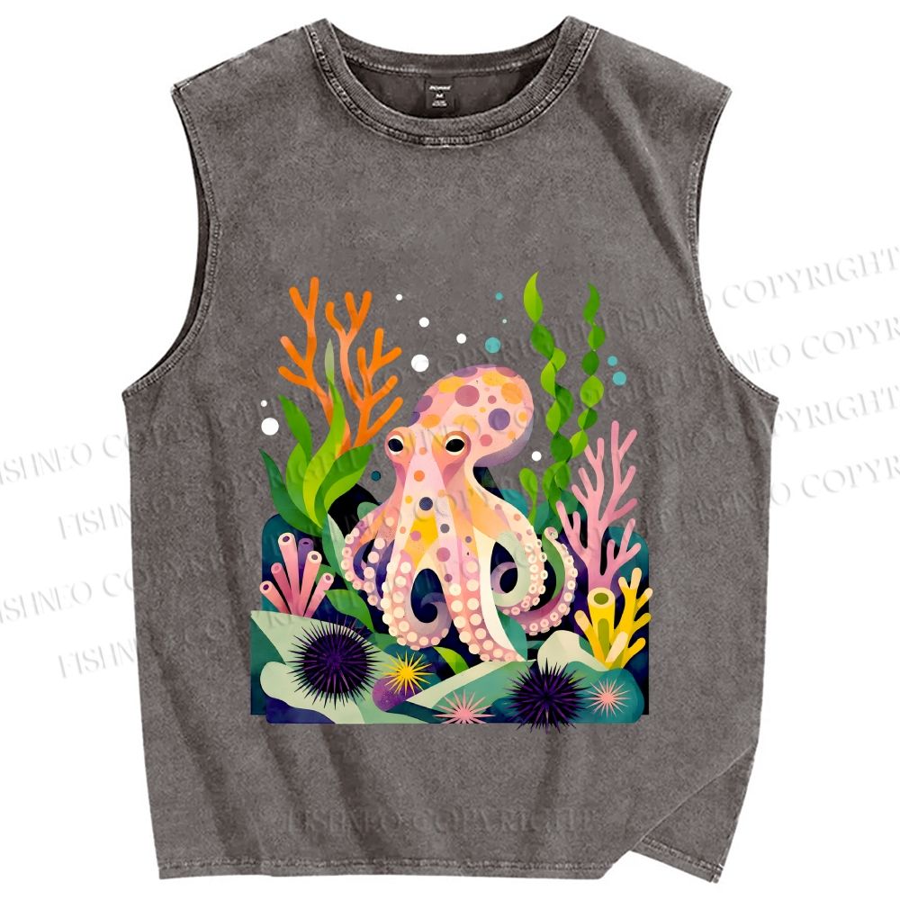 Unisex Octopus in Ocean Printed Washed Tank Top