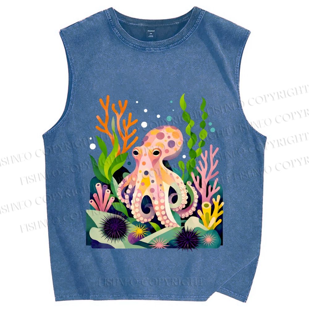 Unisex Octopus in Ocean Printed Washed Tank Top
