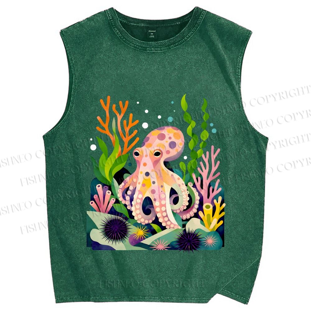 Unisex Octopus in Ocean Printed Washed Tank Top