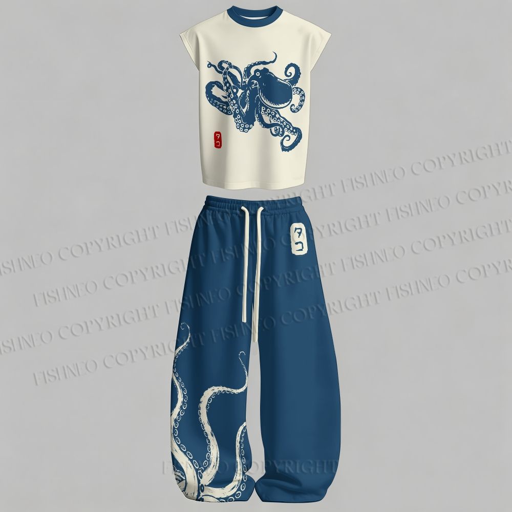 Men's Octopus Japanese Style Sleeveless Tank Top & Elasticated Trousers pants Two-Piece Streetwear Set