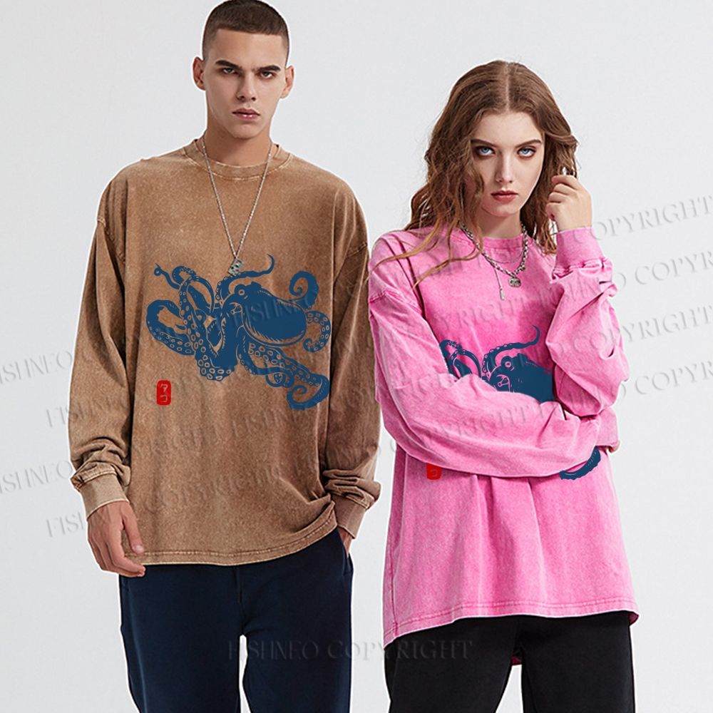 Unisex Octopus Japanese Style Casual Washed Printed Long Sleeve T-shirt