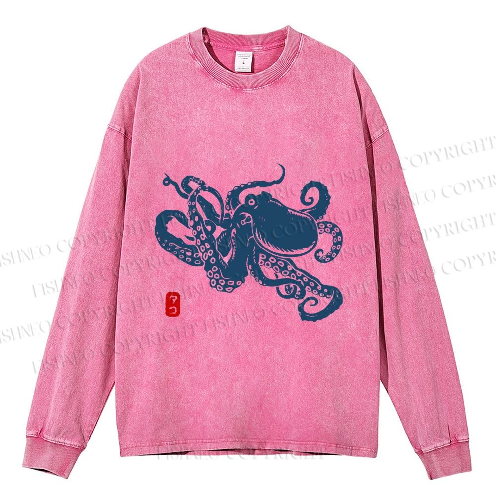 Unisex Octopus Japanese Style Casual Washed Printed Long Sleeve T-shirt
