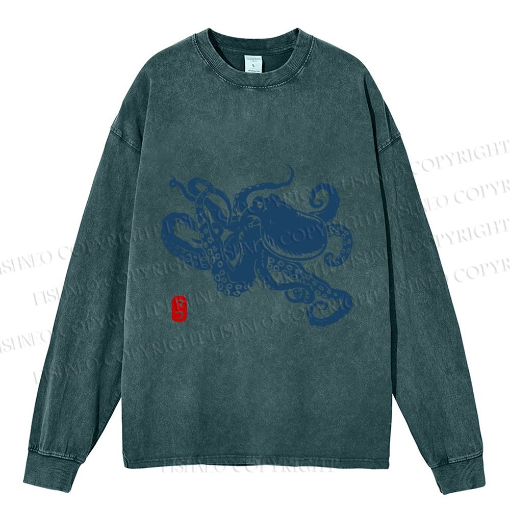 Unisex Octopus Japanese Style Casual Washed Printed Long Sleeve T-shirt