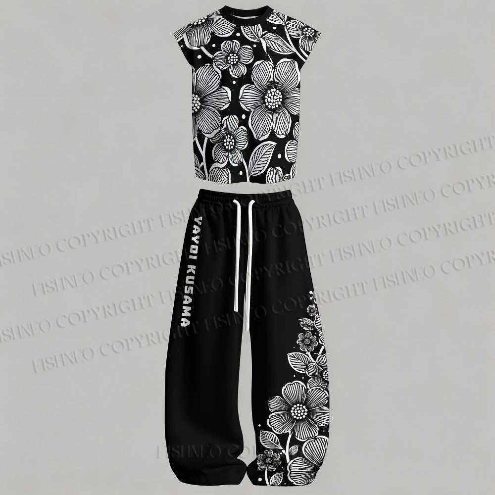 Men's Yayoi Kusama Black Flower Sleeveless Tank Top & Elasticated Trousers pants Two-Piece Streetwear Set