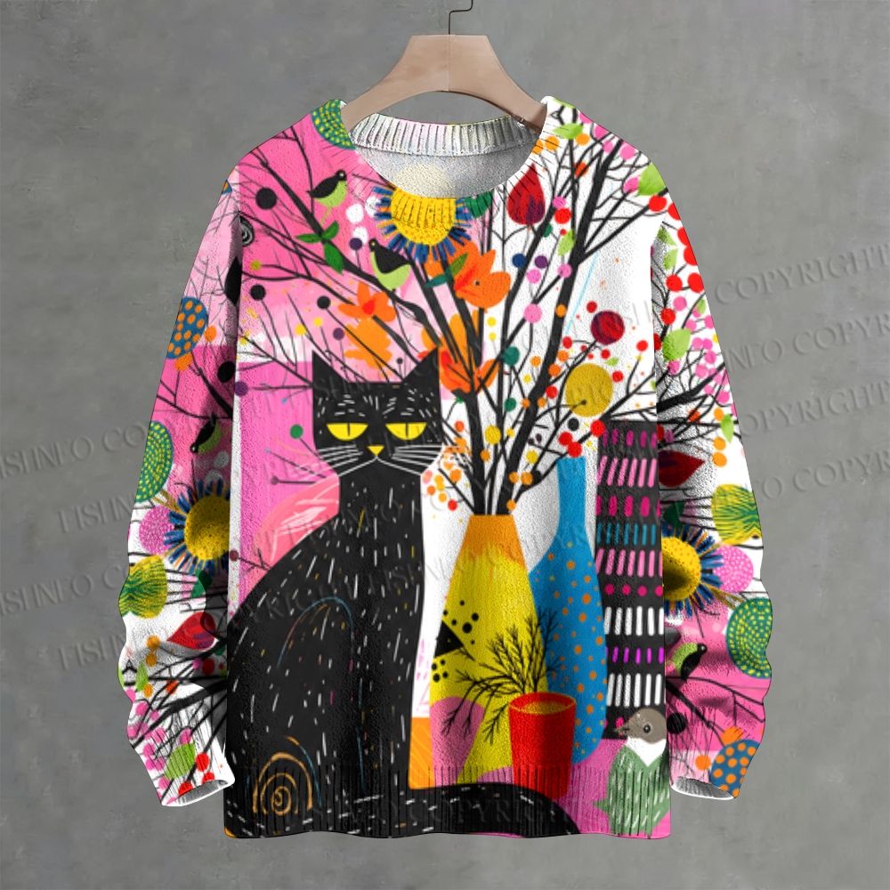 Bohemian Black Cat Floral Crew Neck Sweater