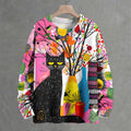 Bohemian Black Cat Floral Crew Neck Sweater