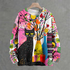 Bohemian Black Cat Floral Crew Neck Sweater