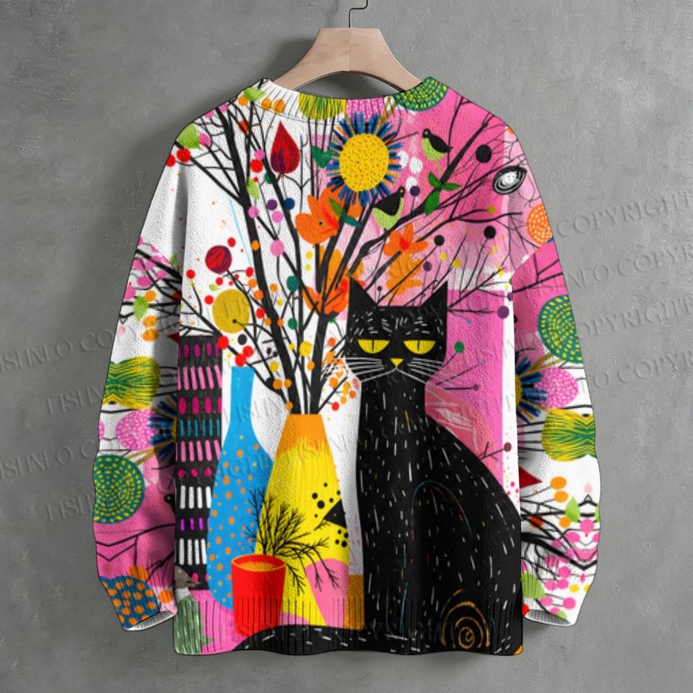 Bohemian Black Cat Floral Crew Neck Sweater