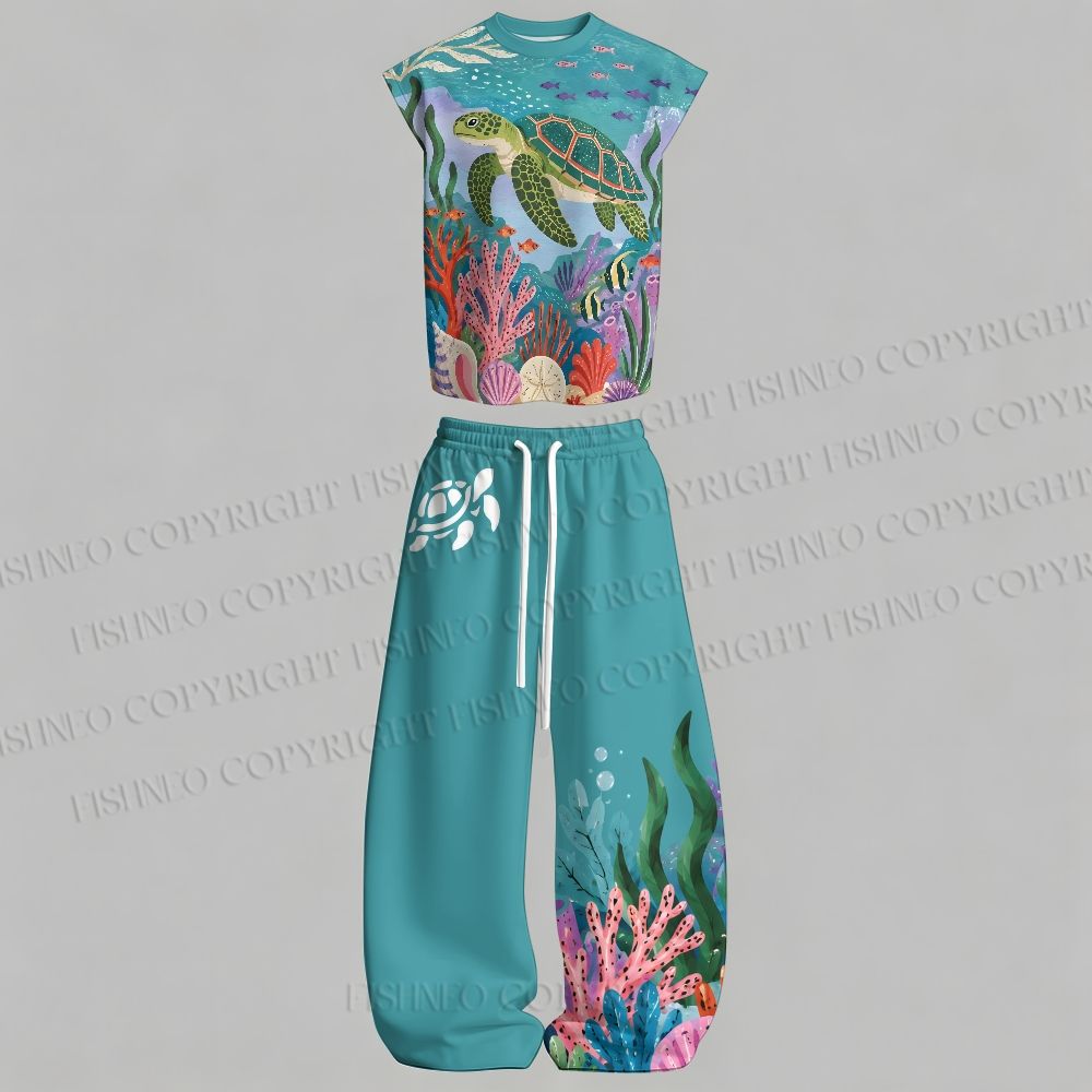 Men's Turtle in Ocean Sleeveless Tank Top & Elasticated Trousers pants Two-Piece Streetwear Set