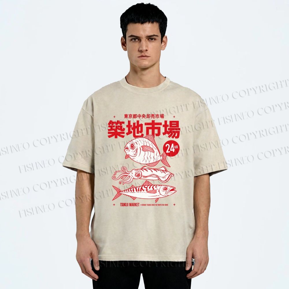 Unisex Tsukiji Market Printed Washed Tee