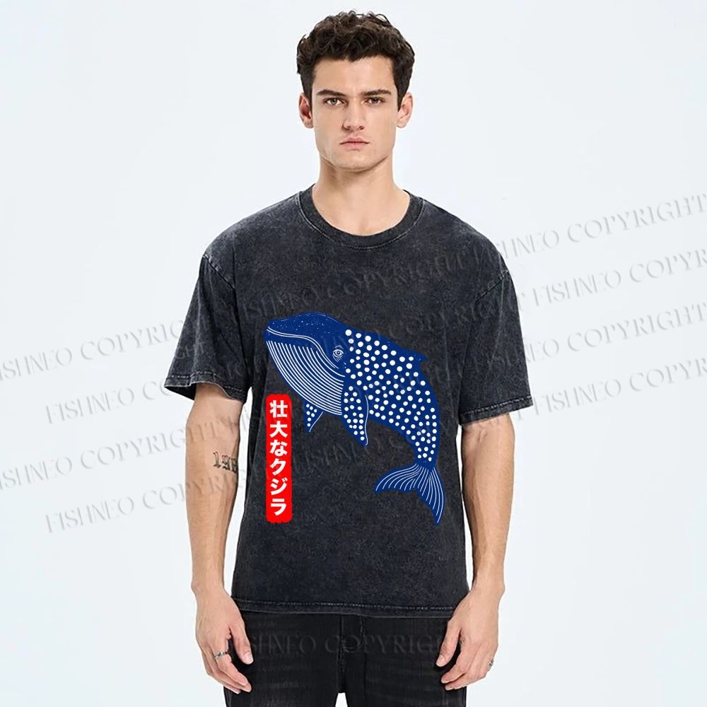 Unisex Blue Whale Printed Washed Tee