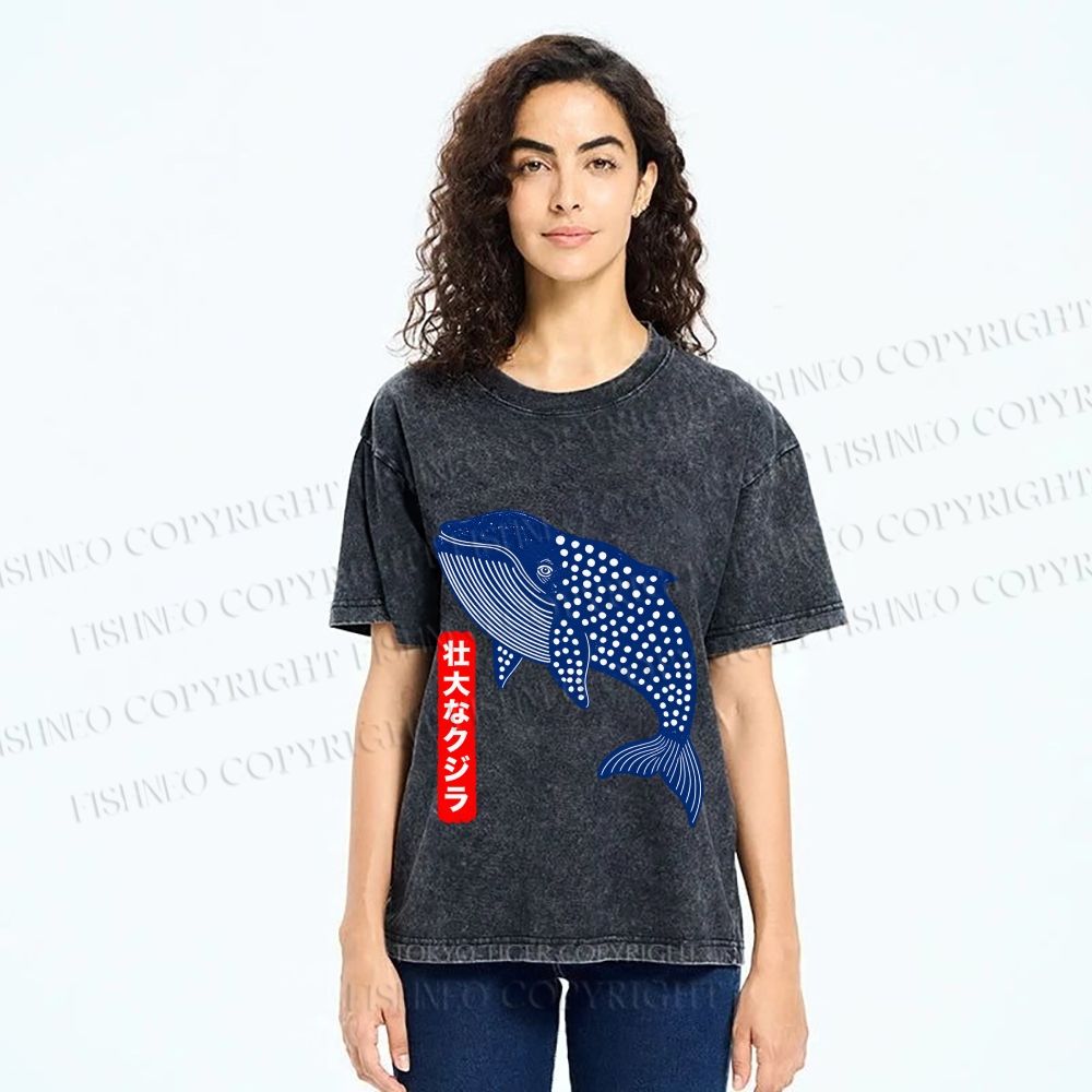Unisex Blue Whale Printed Washed Tee