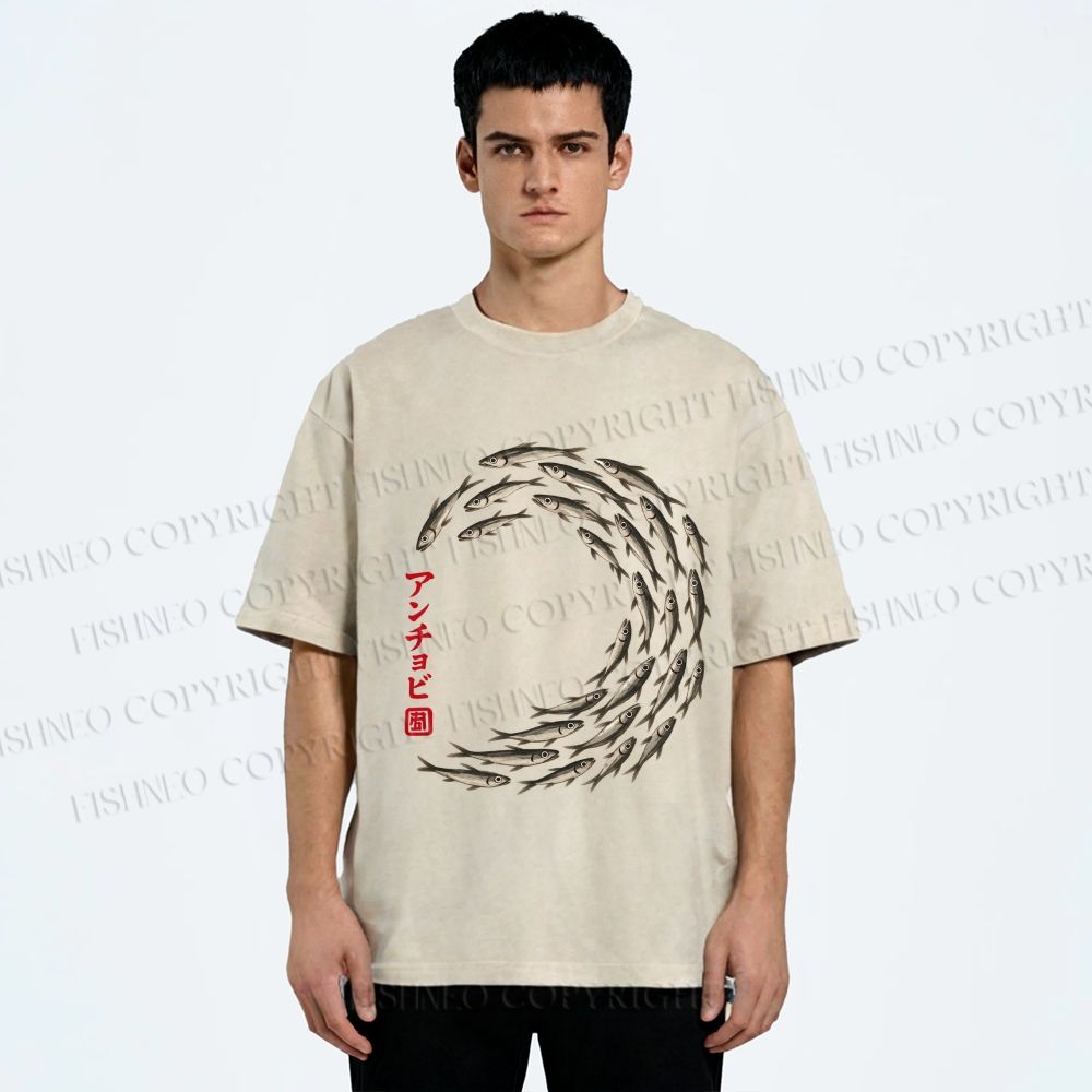 Unisex School of Anchovies Japanese Art Style Printed Washed Tee
