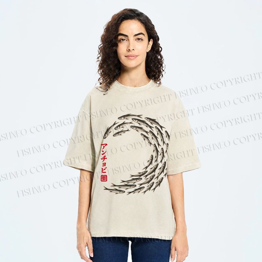Unisex School of Anchovies Japanese Art Style Printed Washed Tee
