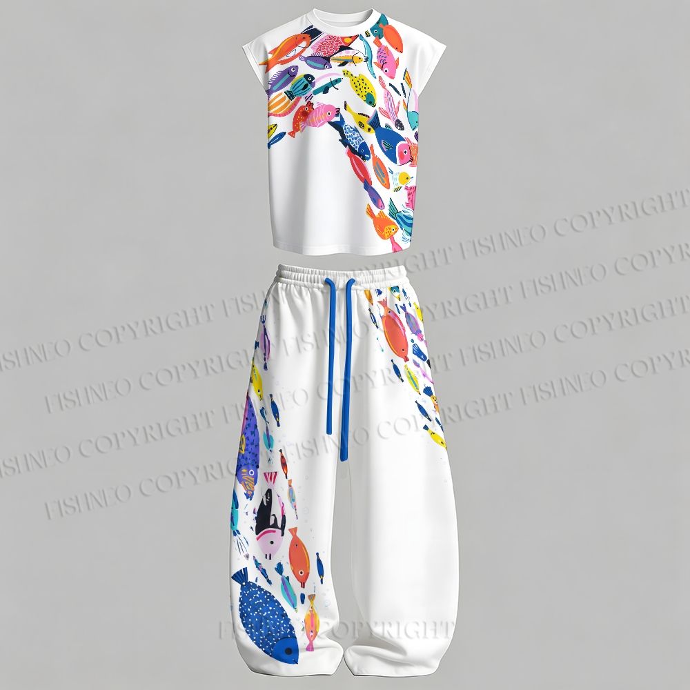 Men's Multicolor Fish Sleeveless Tank Top & Elasticated Trousers pants Two-Piece Streetwear Set