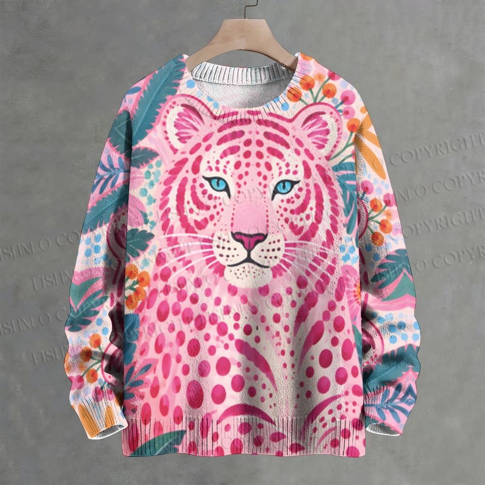Pink Polka Dot Tiger Crew Neck Sweater