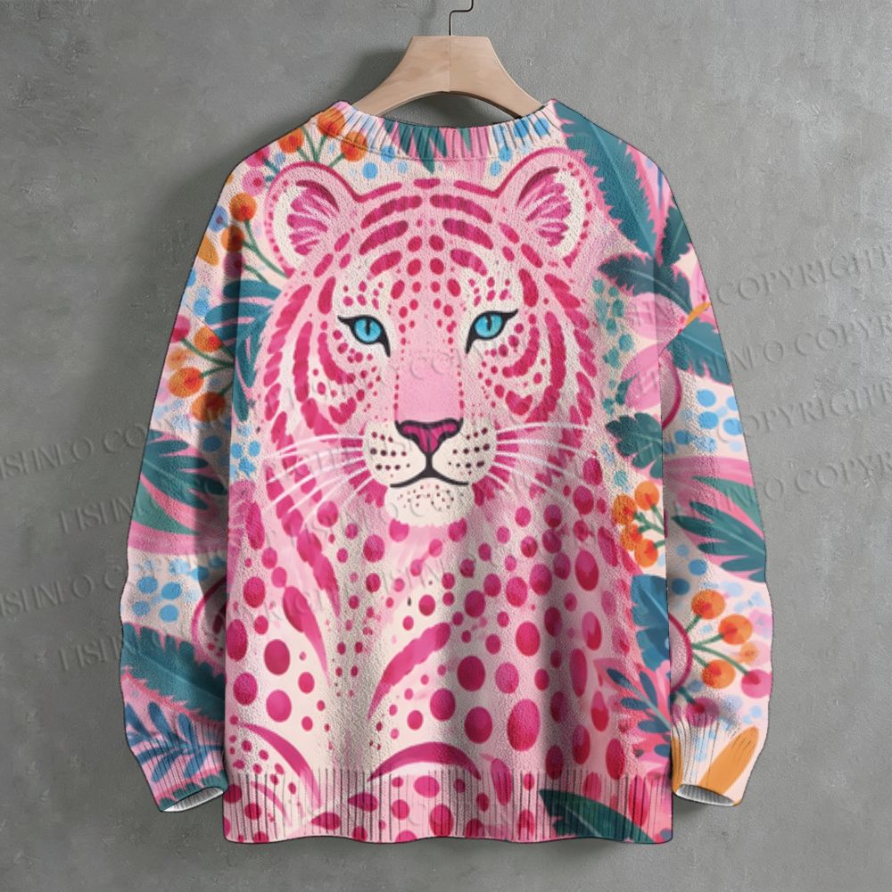 Pink Polka Dot Tiger Crew Neck Sweater