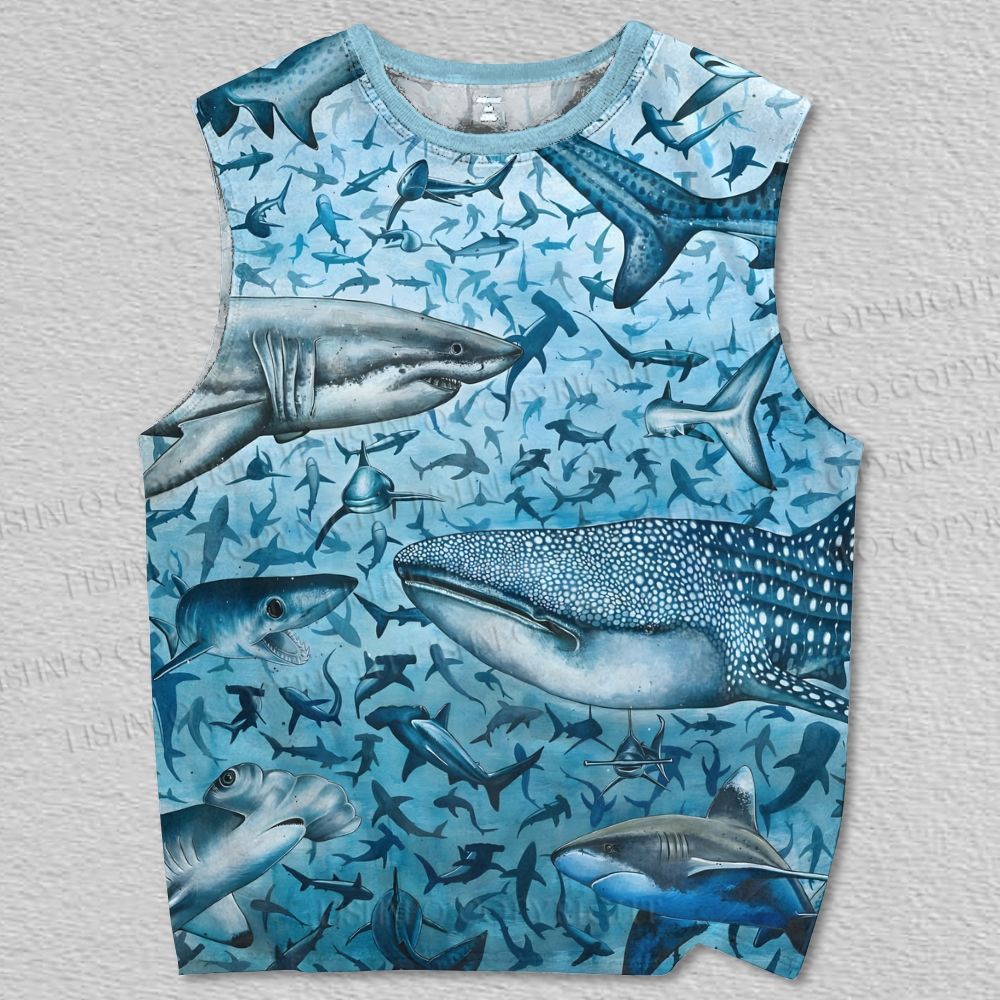 Unisex Sharks With Whales Printed Tank Top