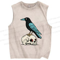 Unisex Blue Crow Bird Standing on Skull Printed Washed Tank Top