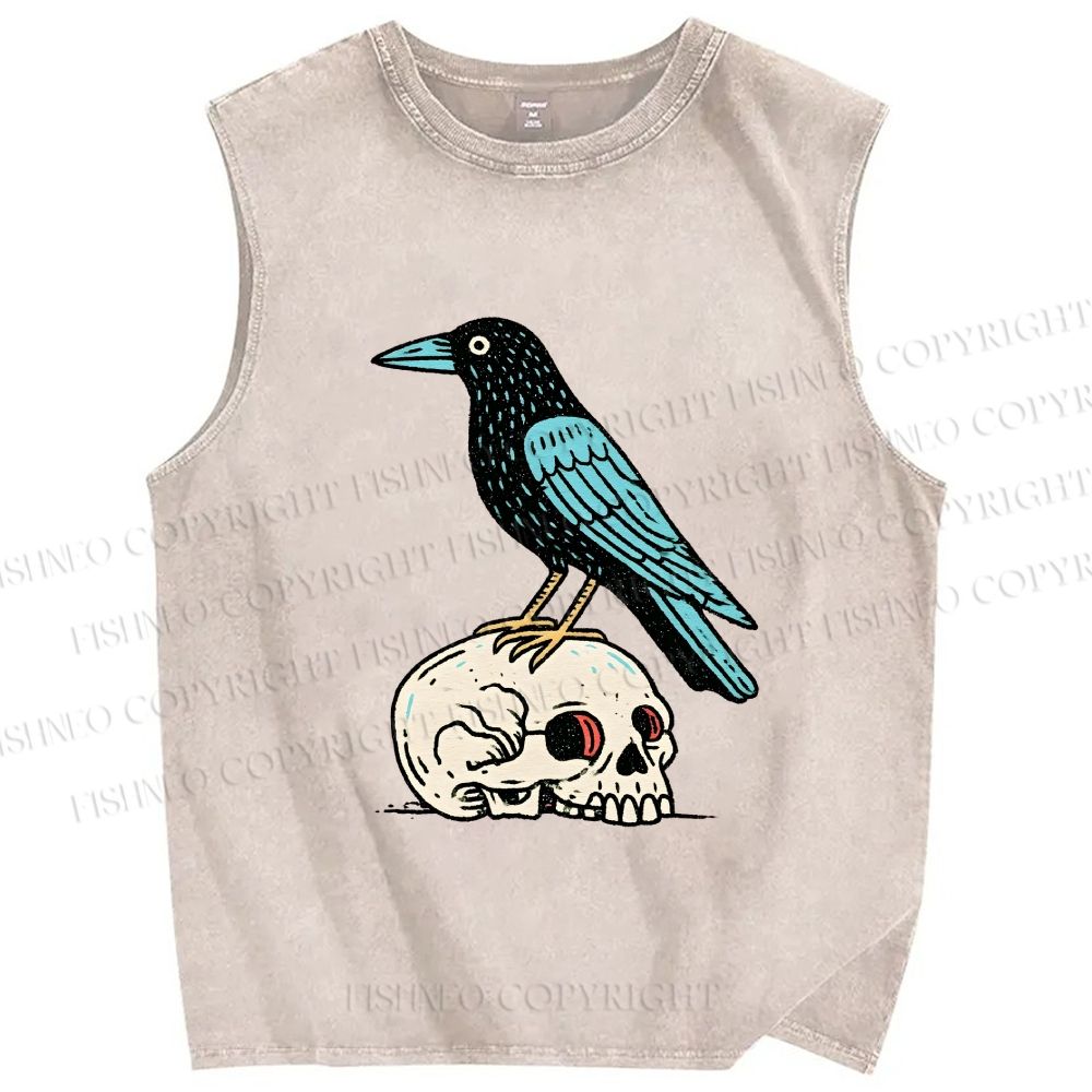 Unisex Blue Crow Bird Standing on Skull Printed Washed Tank Top