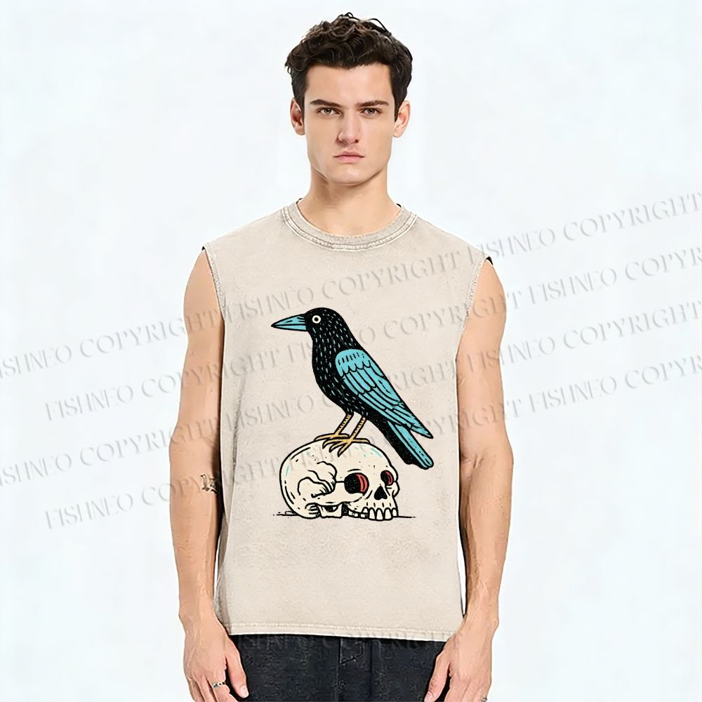 Unisex Blue Crow Bird Standing on Skull Printed Washed Tank Top