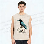 Unisex Blue Crow Bird Standing on Skull Printed Washed Tank Top
