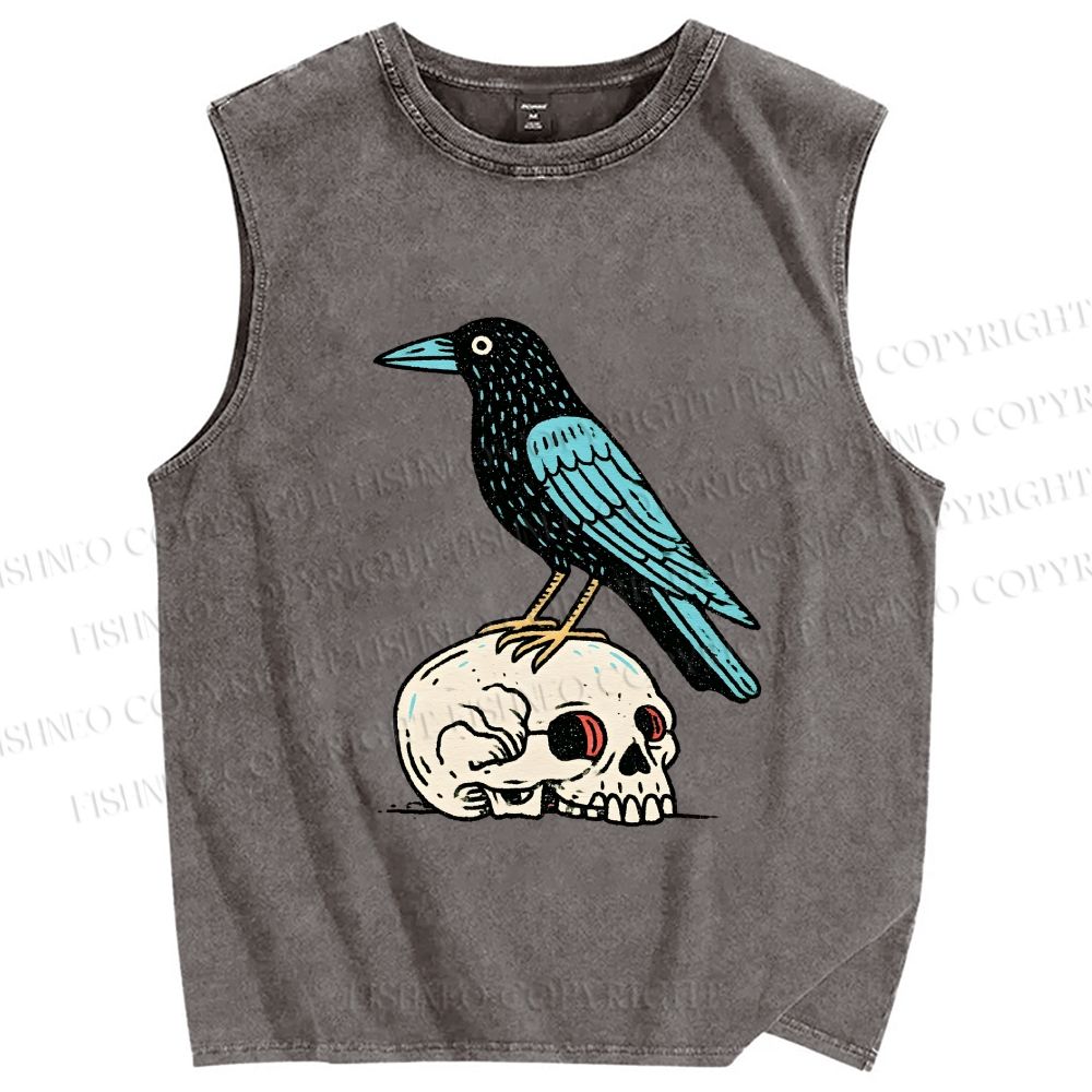Unisex Blue Crow Bird Standing on Skull Printed Washed Tank Top