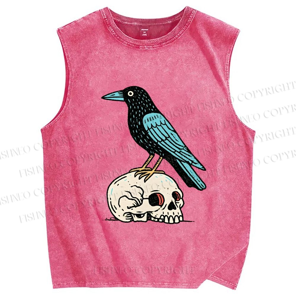 Unisex Blue Crow Bird Standing on Skull Printed Washed Tank Top