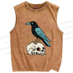 Unisex Blue Crow Bird Standing on Skull Printed Washed Tank Top