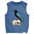 Unisex Blue Crow Bird Standing on Skull Printed Washed Tank Top