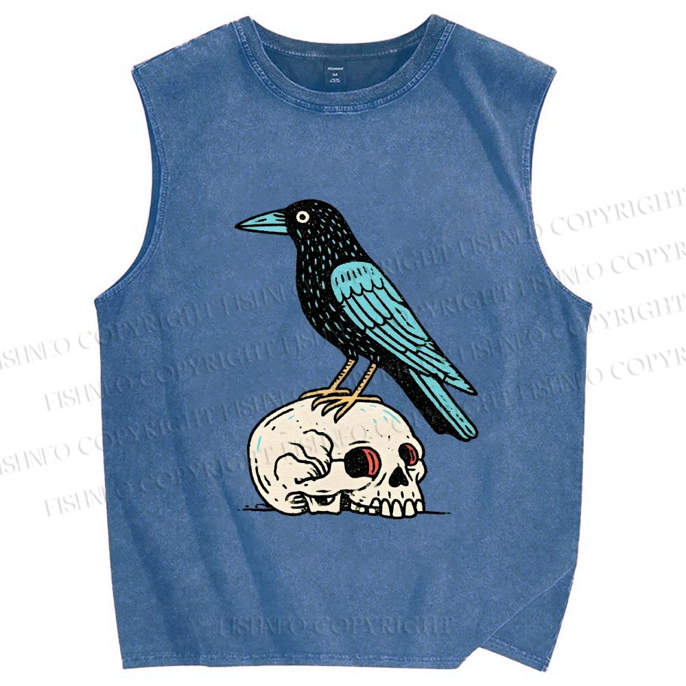 Unisex Blue Crow Bird Standing on Skull Printed Washed Tank Top