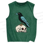 Unisex Blue Crow Bird Standing on Skull Printed Washed Tank Top