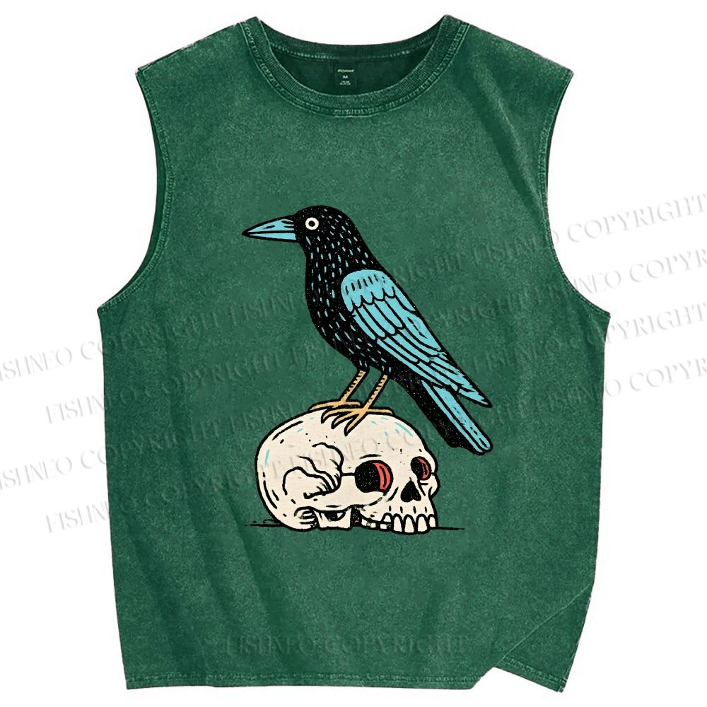 Unisex Blue Crow Bird Standing on Skull Printed Washed Tank Top