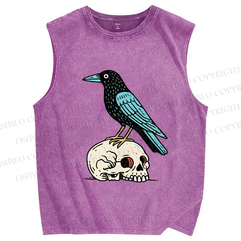 Unisex Blue Crow Bird Standing on Skull Printed Washed Tank Top