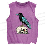 Unisex Blue Crow Bird Standing on Skull Printed Washed Tank Top