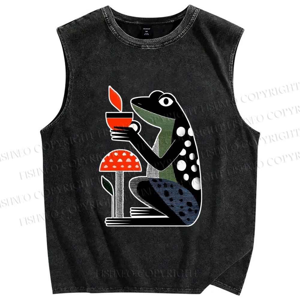 Unisex Geometric Frog Drinking Coffee Printed Washed Tank Top