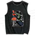 Unisex Geometric Frog Drinking Coffee Printed Washed Tank Top