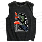 Unisex Geometric Frog Drinking Coffee Printed Washed Tank Top