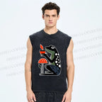 Unisex Geometric Frog Drinking Coffee Printed Washed Tank Top