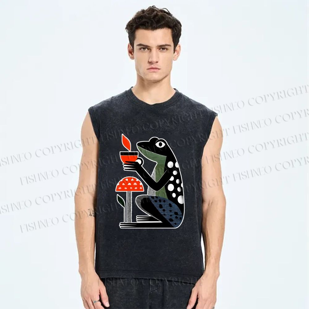Unisex Geometric Frog Drinking Coffee Printed Washed Tank Top