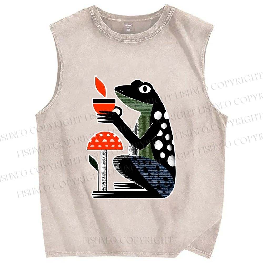 Unisex Geometric Frog Drinking Coffee Printed Washed Tank Top