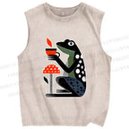 Unisex Geometric Frog Drinking Coffee Printed Washed Tank Top