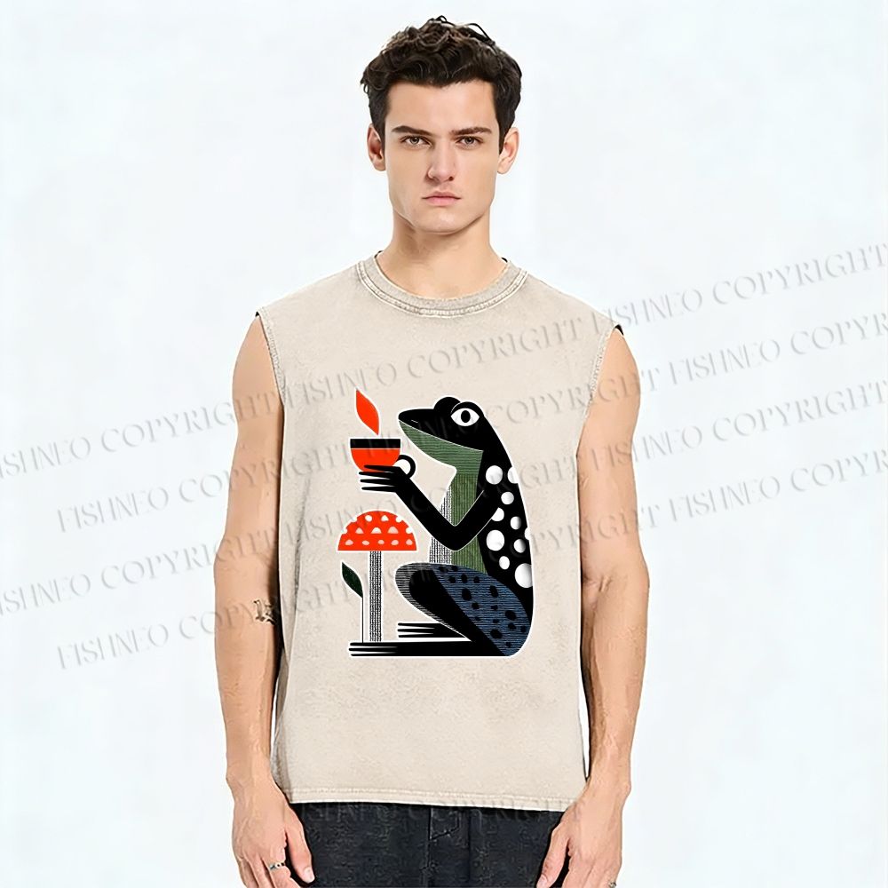 Unisex Geometric Frog Drinking Coffee Printed Washed Tank Top