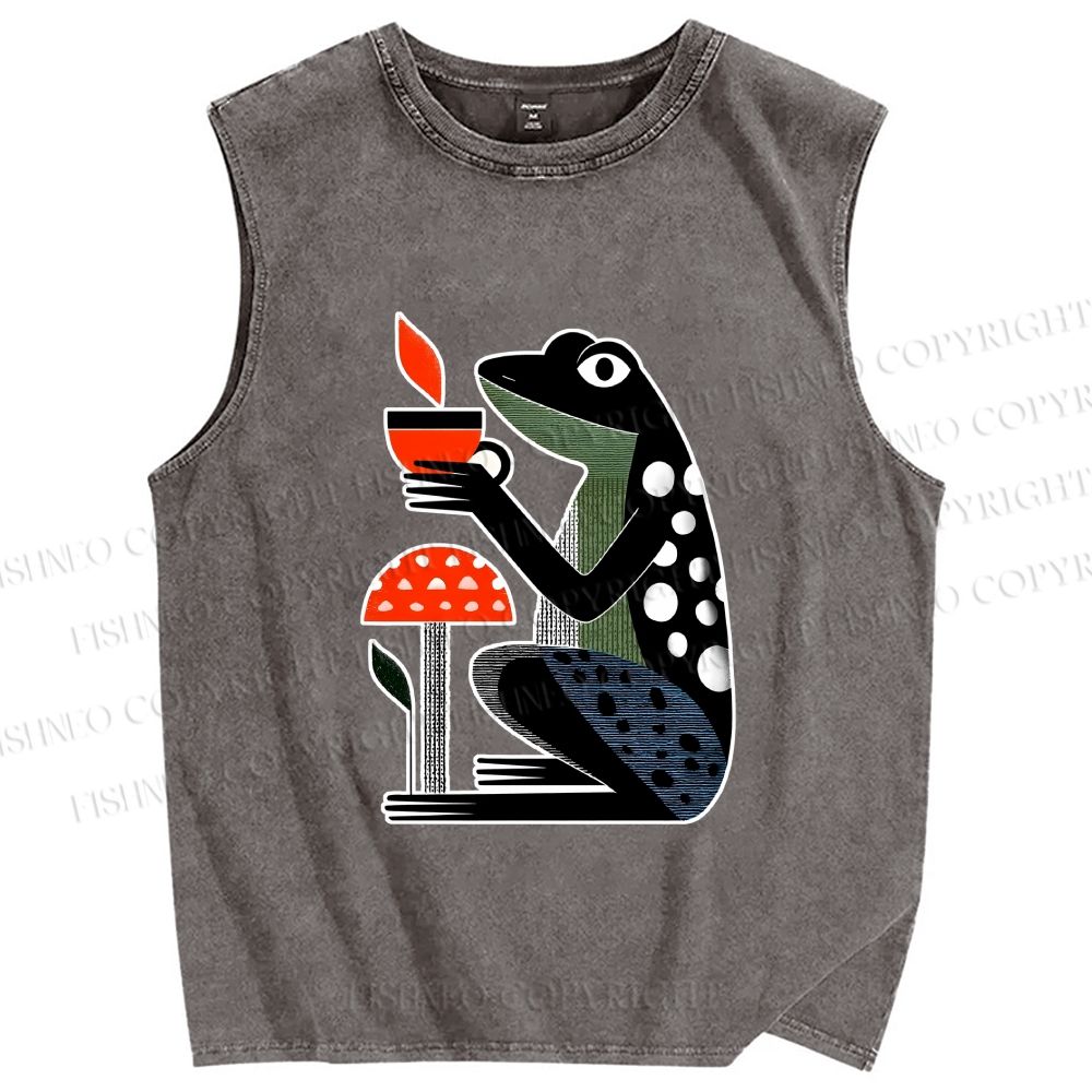 Unisex Geometric Frog Drinking Coffee Printed Washed Tank Top